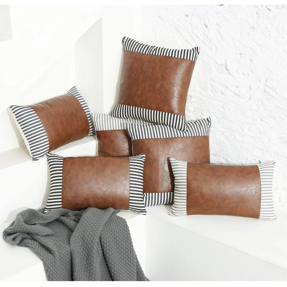 Luxury Home | Rustic Farmhouse Grey Striped Faux Leather Throw Pillow Covers